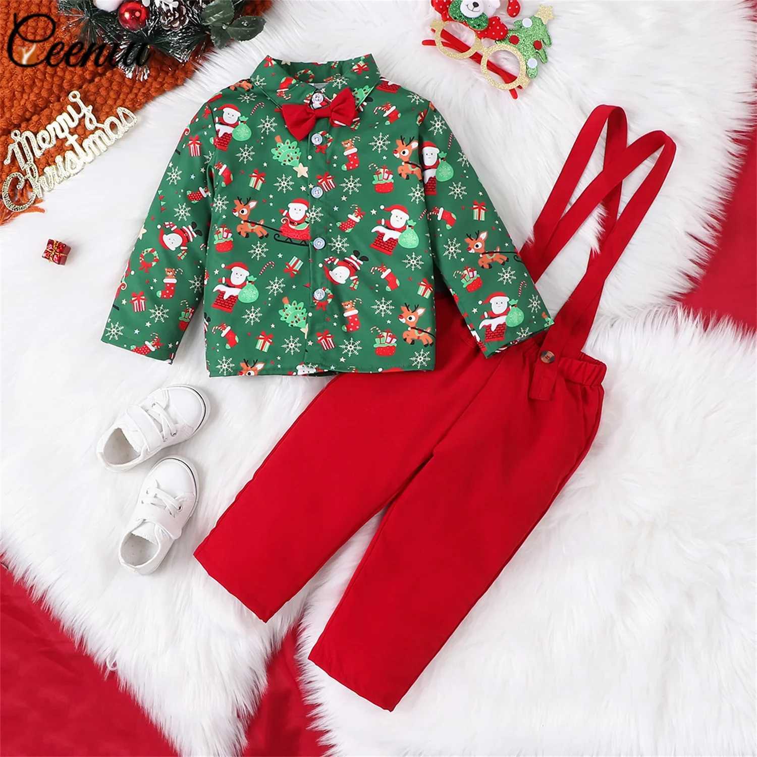 New Year Costume For Boys Christmas Outfits Gentleman Necktie Green Shirts Red Suspender Pants Kids Christmas Clothes W241213
