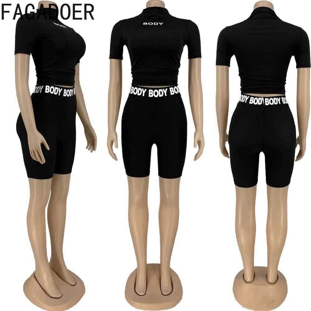 Women's Two Piece Pants Turleneck Letter Printed Two Piece Set Tracksuit Women Short Slve Crop Top Bodycon Shorts Suits Fitness Casual Matching S