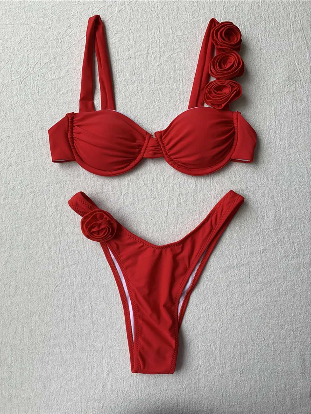 Sexy 3D Flowers Underwired Brazilian Bikini Women Swimwear Fa Swimsuit Two-pieces Bikini set Bather Bathing Suit Swim K4943XJ241212