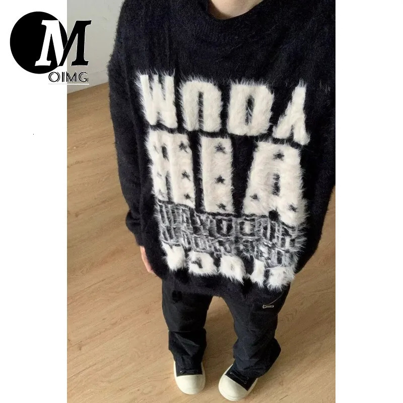 oimg Netmap American Mink Fur Letter Loose For Men Couple Autumn And Winter Lazy Knit Sweater 241213