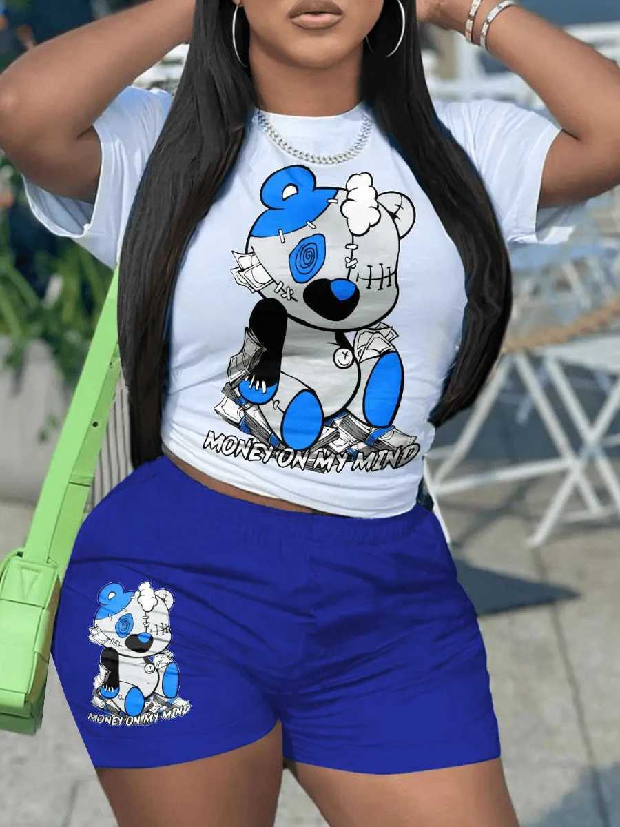Women's Two Piece Pants LW Multicolor Two Pieces Shorts Suits Bear Letter Print Shorts Set Short Slve Pullover White Top Matching Bottoms Outfits
