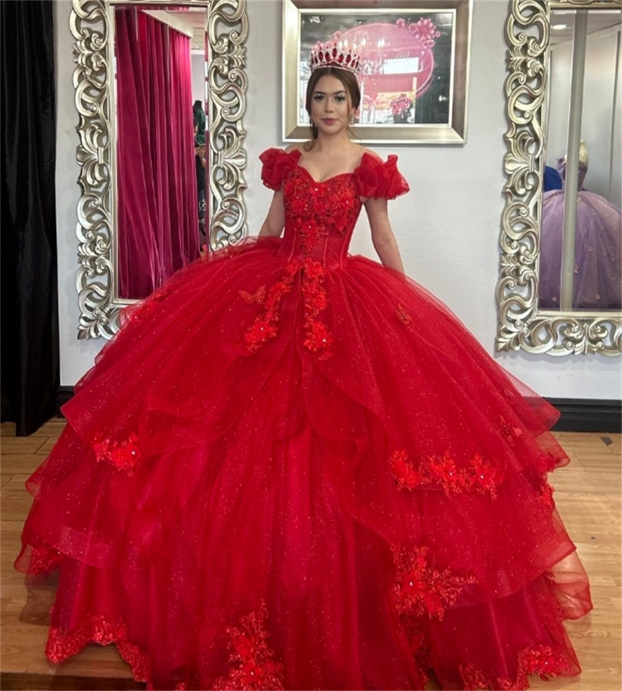 Red Princess Quinceanera Dresses Appliques Lace Florals Vestidos De 15 Anos Tiered Ruffles Birthday Party Xv Para Ball Gown Formal Occasion Party Gown