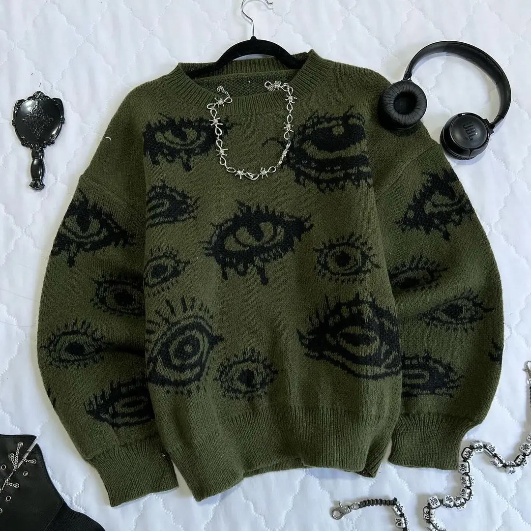 Gothic Punk Oversized Eye Pattern Sweaters for Men and Women Autumn Winter Thickened Sweatshirts Knitted Sweater Streetwear 241213