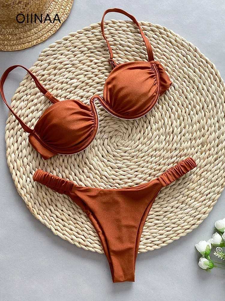 OIINAA Swimwear Women Sexy Soild Color Swimsuit Pated Bikini Suit Lace Up Bow Tie Biquini Summer Thong Two-pieces Bathing SuitXJ241212