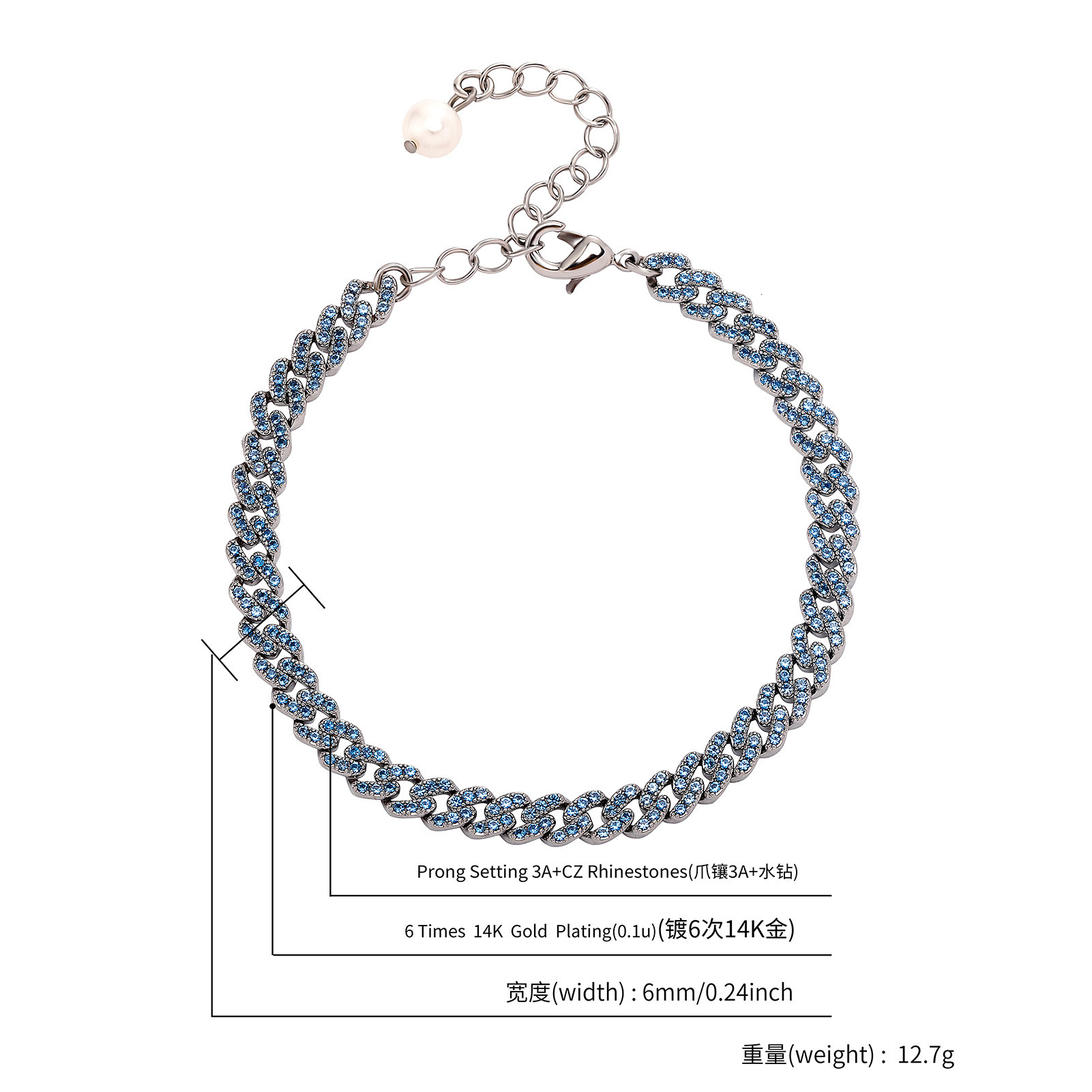 Sparkly Pink Blue 2 Tones Cubic Zirconia Prong Cuban Link Chain Bracelet Punk Hiphop Men And Women Colorful Gemstone Natural Pearl Chains 18k Gold Bij