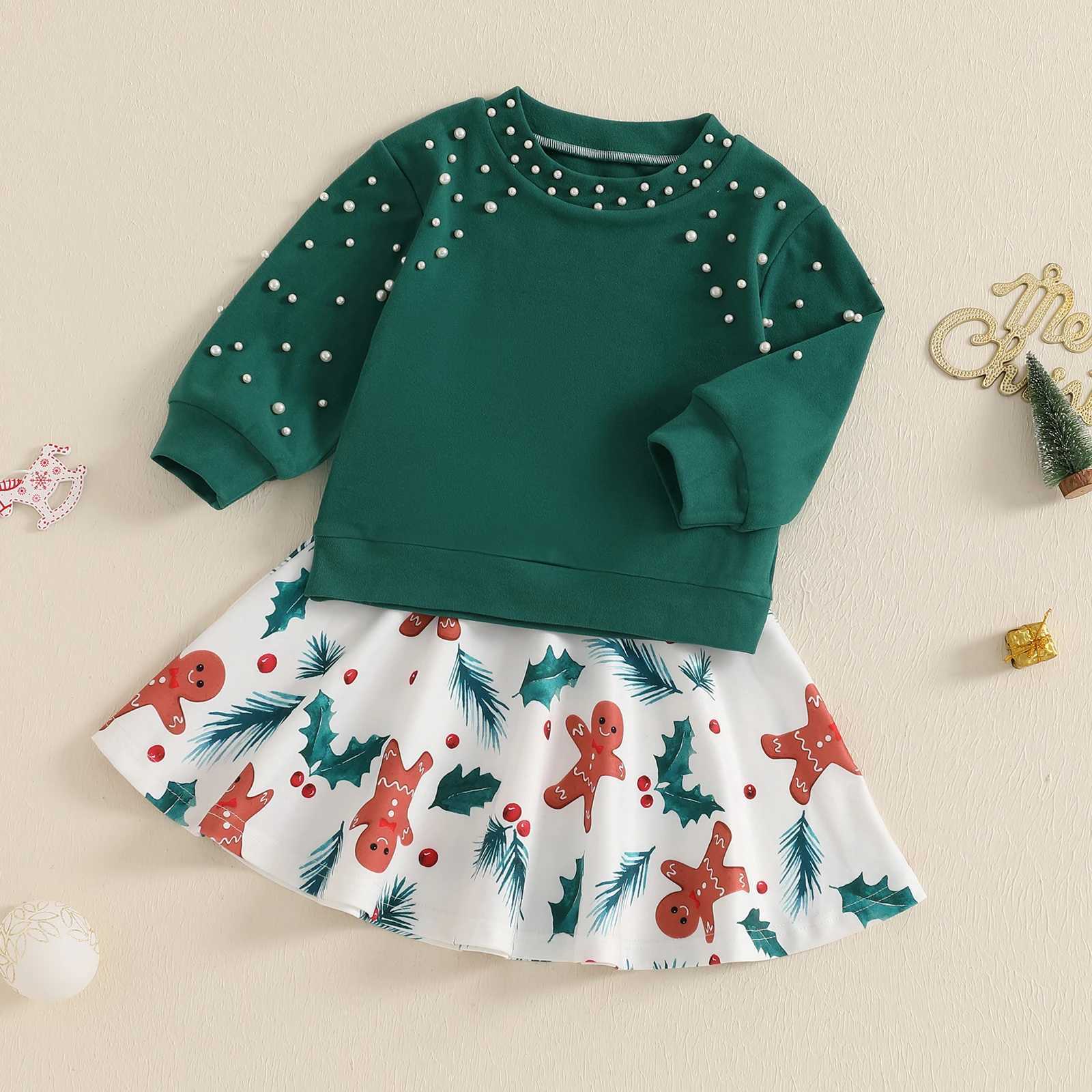 1-5 Year Childrens and Girls Christmas Set Fashion Pearl Bead Long Sleeve Sweater Gingerbread Mens Printing Techniques 2-piece Set W241213