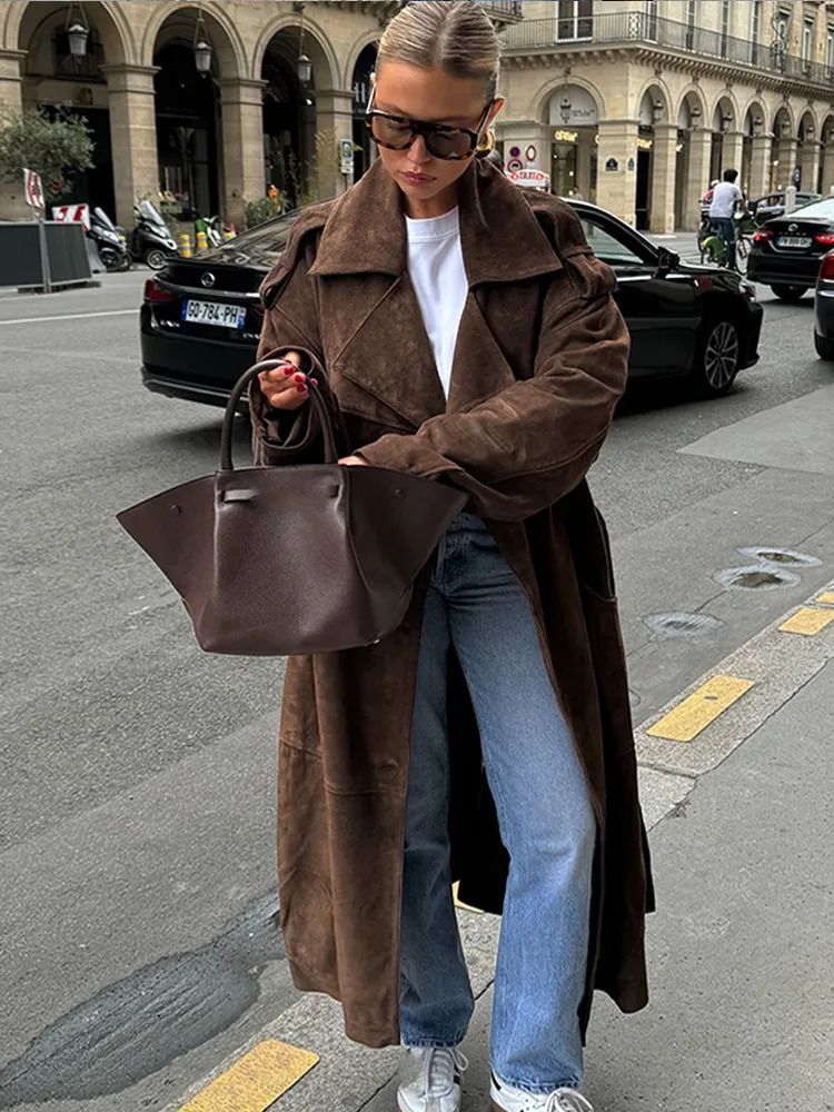 Fashion Brown Lapel Single Breasted Suede Leather Jackets For Women Chic Oversized Pockets Cropped Overcoat Lady Streetwear 241213