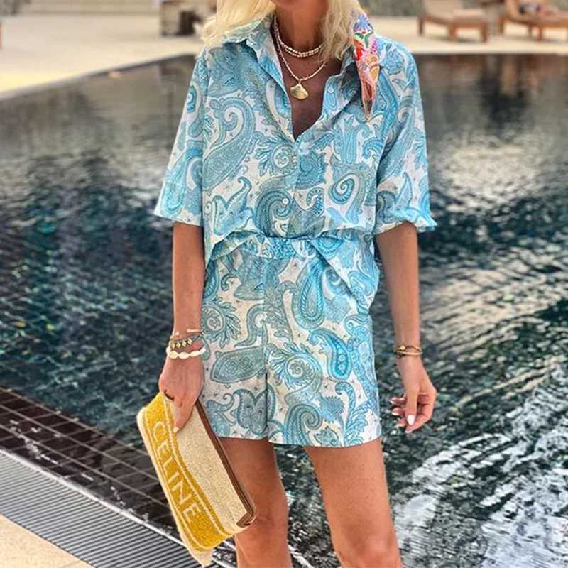 Women's Two Piece Pants Ladies Spring And Summer Fashion Printed Vacation Short Slve Collar Single Breasted Shirt Shorts Pocket Casual Two Piece 