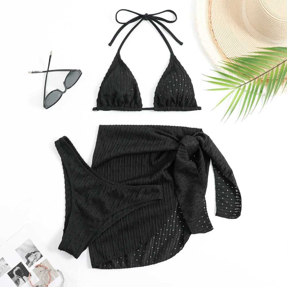 2024 Summer Halter Bikini 3 Pieces Women Special Material Sexy Thong Swimwear With Sarong Skirt White/Black//Green BeachwearXJ241212