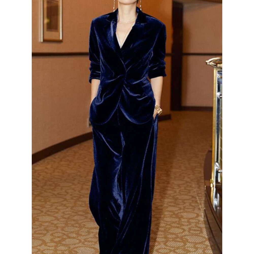 Ladies' Suit Autumn Fashion Elegant Casual Women Veet Pantsuits Vintage Slim Solid Jackets High Waist Pants 2 Pieces Set Female Outfits New
