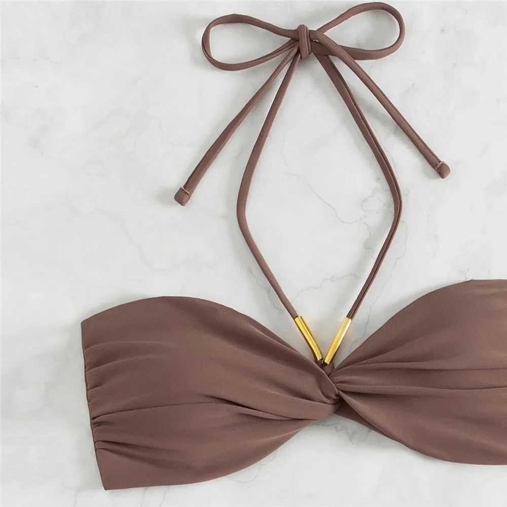 brown Swimwear string halter bandeau Bikinis sets Micro Thong sexy Swimsuit women knotted Bathing Suit Bikini mujer 2025XJ241212