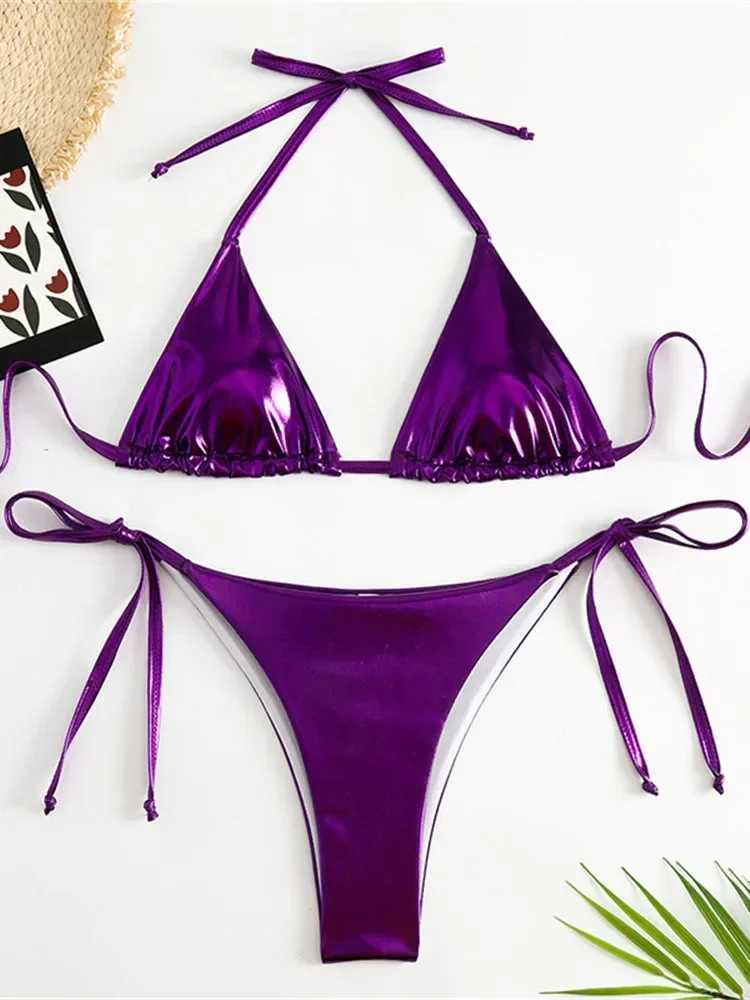 Sexy Brozing Gold Bikinis Sets Women Push Up Micro Bikini Swimsuit 2024 Brazilian Beach Bathing Suit Tie Side Triang SwimwearXJ241212