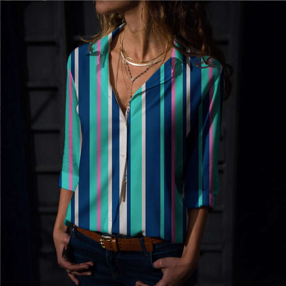 Women's Tops, Digital Long Sleeved Striped Printed Shirts, Trendy Clothing, Fashionable And Casual Temperament