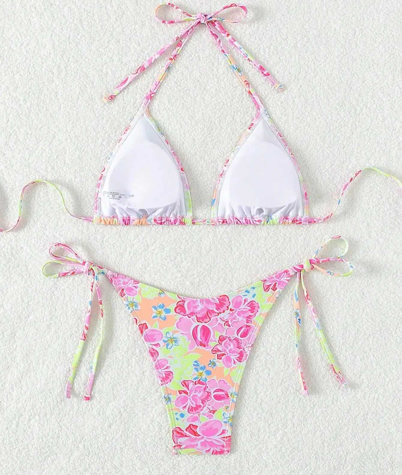 sexy swimwear women printed triang cup bra neck strap side Fa beach set strap bikini suitXJ241212