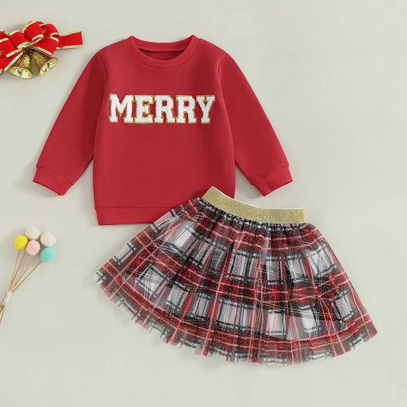 FOCUSNORM 1-6Y Fashion Preschool Girls Autumn Clothing Set Christmas Letter Embroidered Sports Shirt Top+Plain Lace Skirt W241213