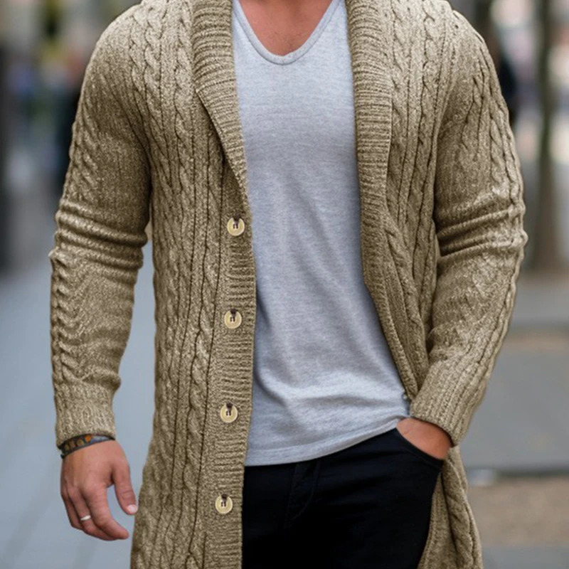 Winter Clothing Mens Knitted Jacquard Lengthen Cardigan Sweatercoat Casual High Street Pocket Long Sleeve Wool Coat Knitwear 241213