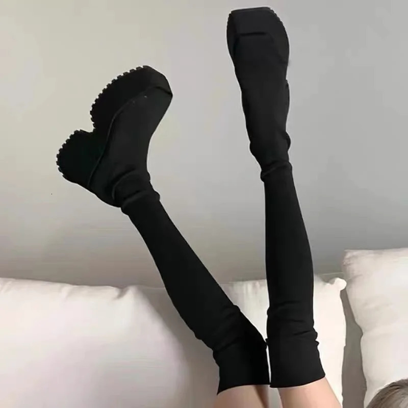 Autumn Winter Womens Over The Knee Sock Boots Stretch Knitted Thick Heels Long Boots Woman Slip on Platform Shoes 241213
