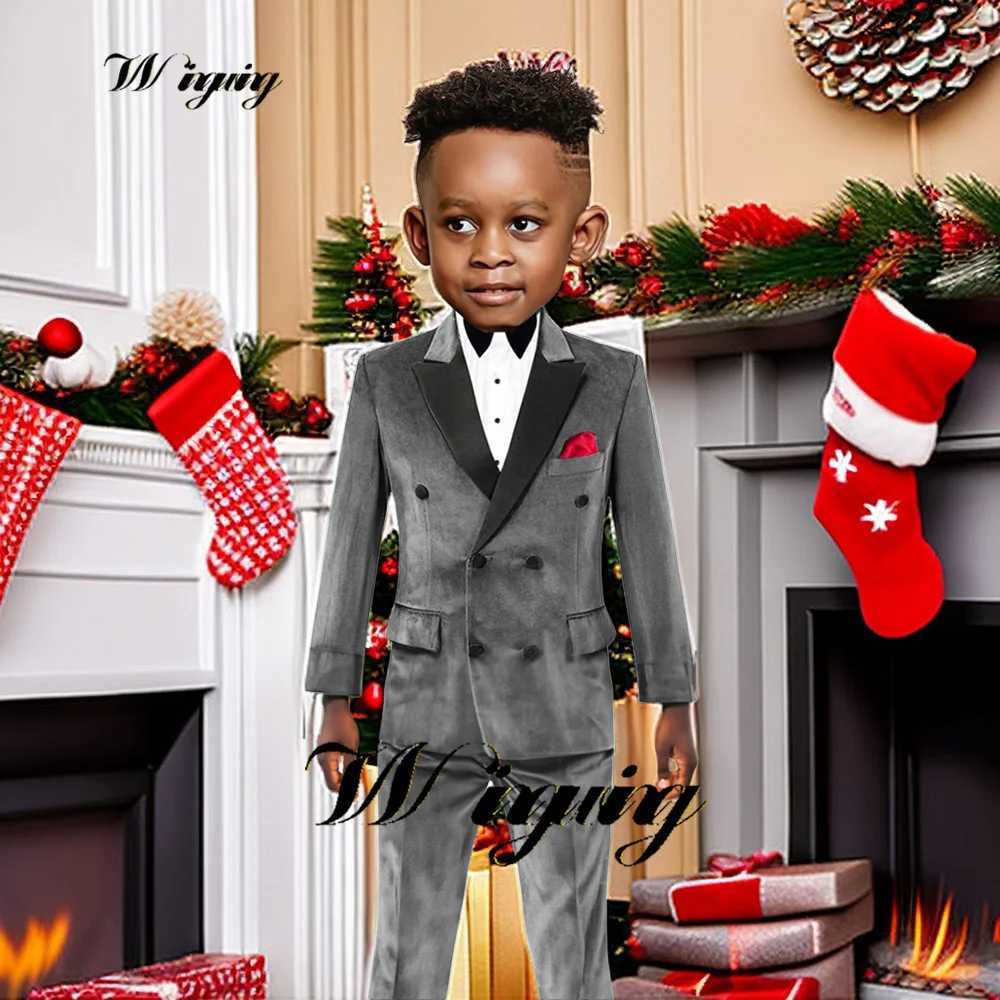 Boys Suit Velvet Jacket Pants 2 Piece Set Double Breasted Blazer Kids Wedding Tuxedo Gun Lapel Custom Clothes W241213