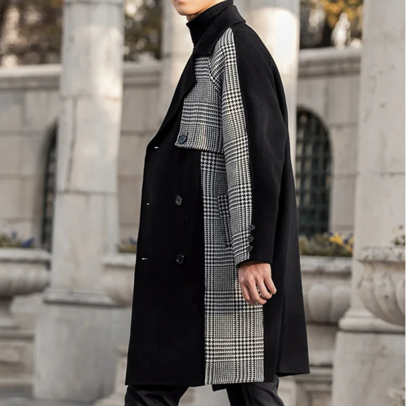 Double Sided Cashmere Coat Mens Thousand Bird Lattice Stitched Winter Medium Long Wool Blend Cloth Thickened Trench 241213