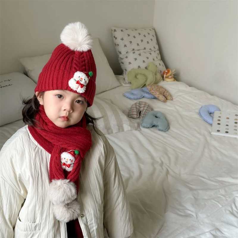 Scarves Wraps 2-piece Sets Christmas Childrens Hat and Scarf Sets Thicken Winter Baby Boys Girls Scarf Knitted Warm Windproof Baby Caps H241213