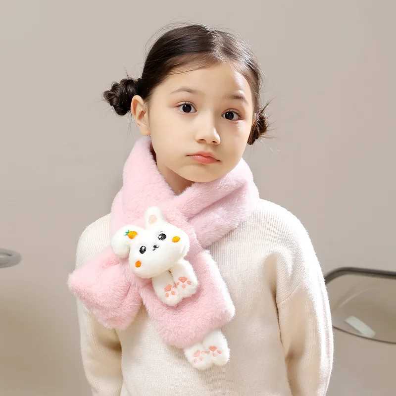 Scarves Wraps Baby Boys Girls Winter Scarfs Thick Plush Cross Children Scarf Baby Bib Cute Cartoon Rabbit Faux Fur Neck Protection Warm Shawl H241213