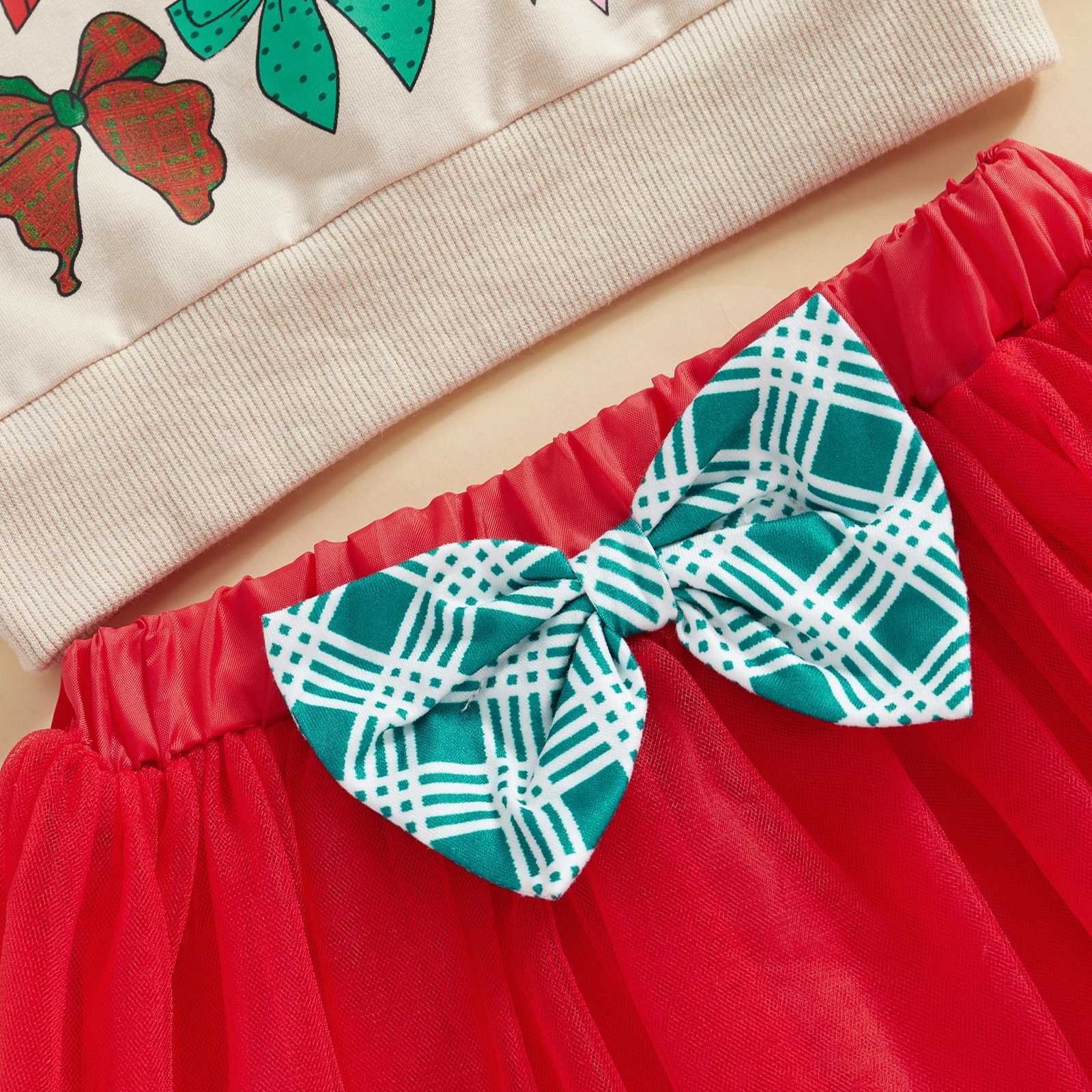 1-4Years Infant Baby Girls Kids Fall Outfits Bow Print Long Sleeve Sweatshirts with Red Tulle Tutu Skirts 2Pieces Christmas Sets W241213