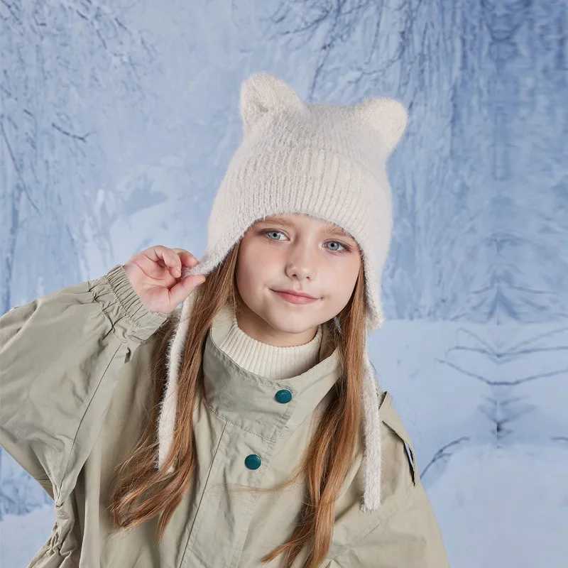 New Children Hats Cute Cat Ear Knitted Wool Hat Winter Boys Girls Babies Ear Protection Hoods Fashion Outdoor Warm Colorful CapsXJ241213