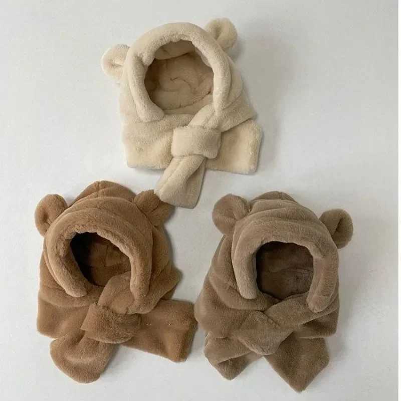 Winter Baby Hat Scarf One-Piece Faux Fur Kids Hats Bear Warm Neck Ear Cap for Boys Girls Windproof Beanies Infant StuffsXJ241213