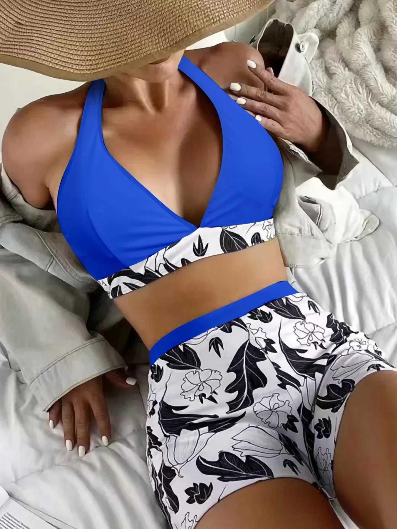 Dolphin Halter Two Piece High Waist Bikini 2024 Print Swimsuit Women Sexy Swimwear Fa Bathing Swimming Suit BeachwearXJ241212