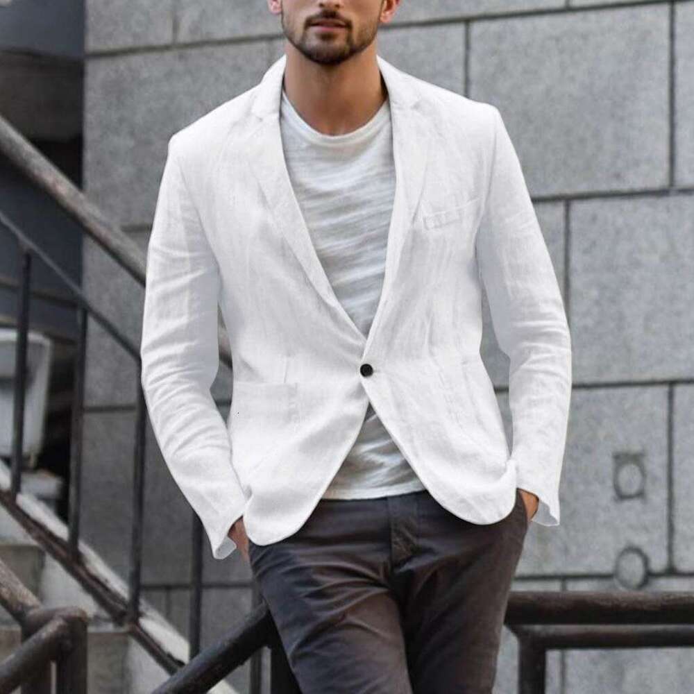 Cross Border Foreign Trade Men's Autumn Cotton En Loose Solid Color Thin Style Regular Casual Suit Jacket Fashionable Quality Classic