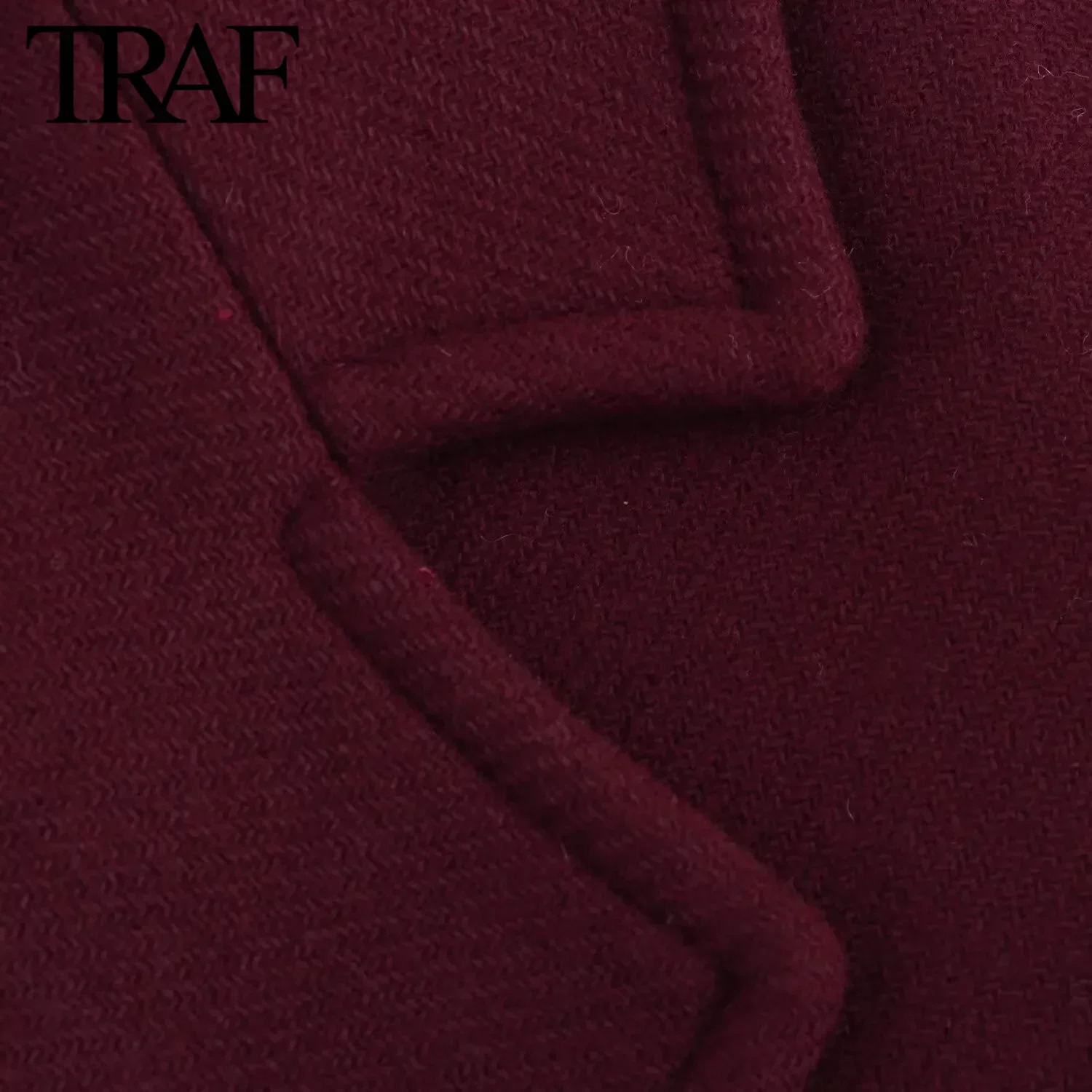 TRAF Burgundy Wine Red Wool Blended Overcoat for Women Fashion Winter Warm Double Breasted Lapel Long Coat Jacket 241213