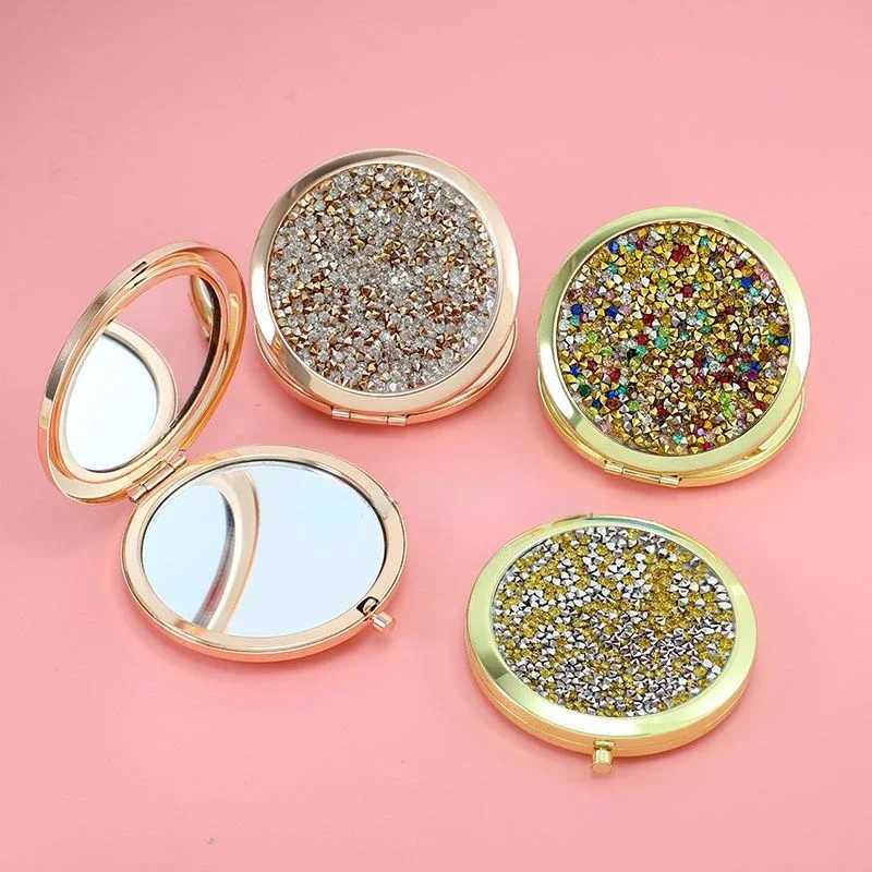 Mini Pocket Mirror Beauty Cosmetic Mirror Rhinestone Foldable Compact Portable Double-Sided Folding Cosmetic MirrorXJ241213