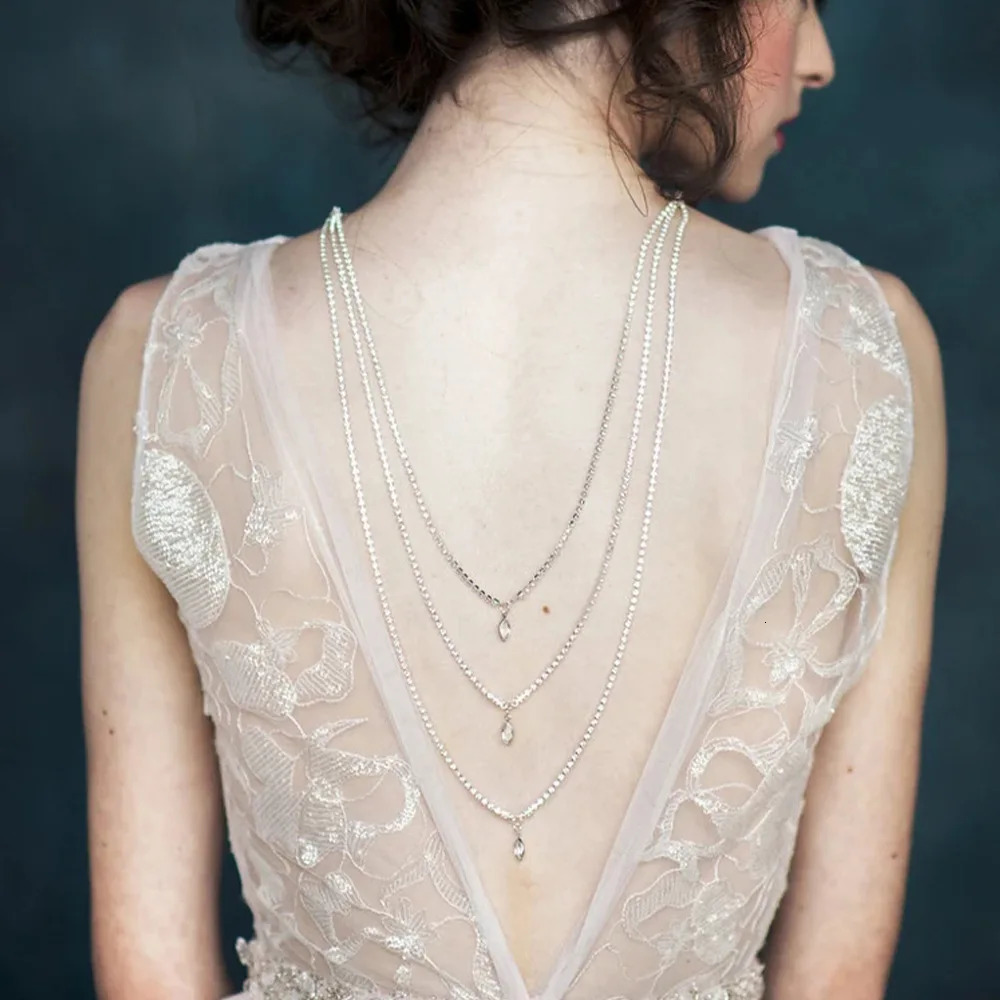 Crystal Necklace Droplet Back Chain Multilayer Wavy Dress Accessories 241213