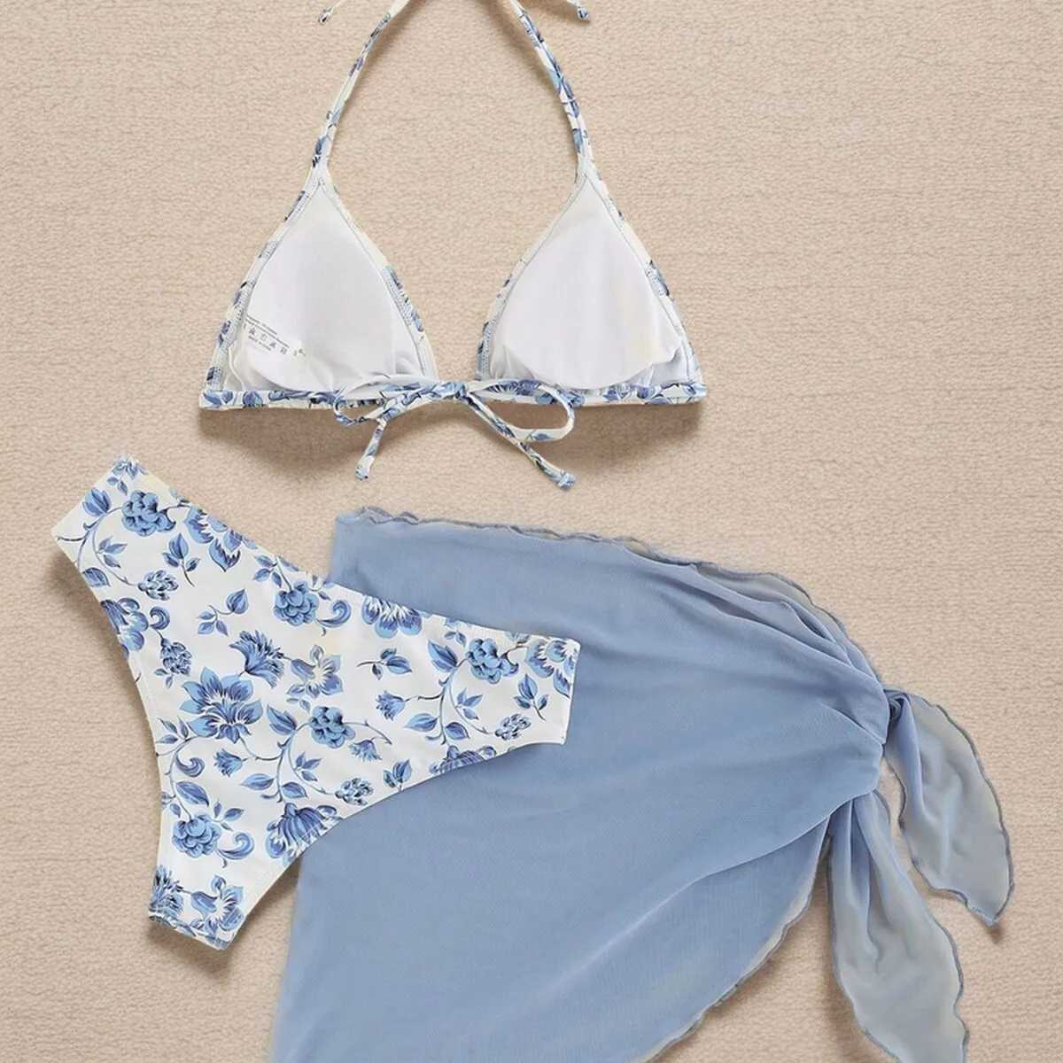 Roupas Finina New Beach Sty Bikini 2025 Women Spliced Floral Bikini Sexy Three-piece Lace-up Bikinis Sets Chic Bikini BK1366XJ241212
