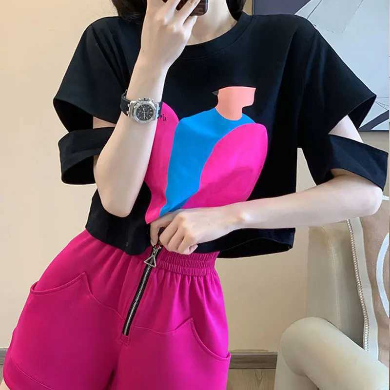 Women's Two Piece Pants Short Slve Pullovers O-neck Short Sets Solid Color Hollow Out Fashion Loose Zipper Elastic Waist Womens Clothing Simplici