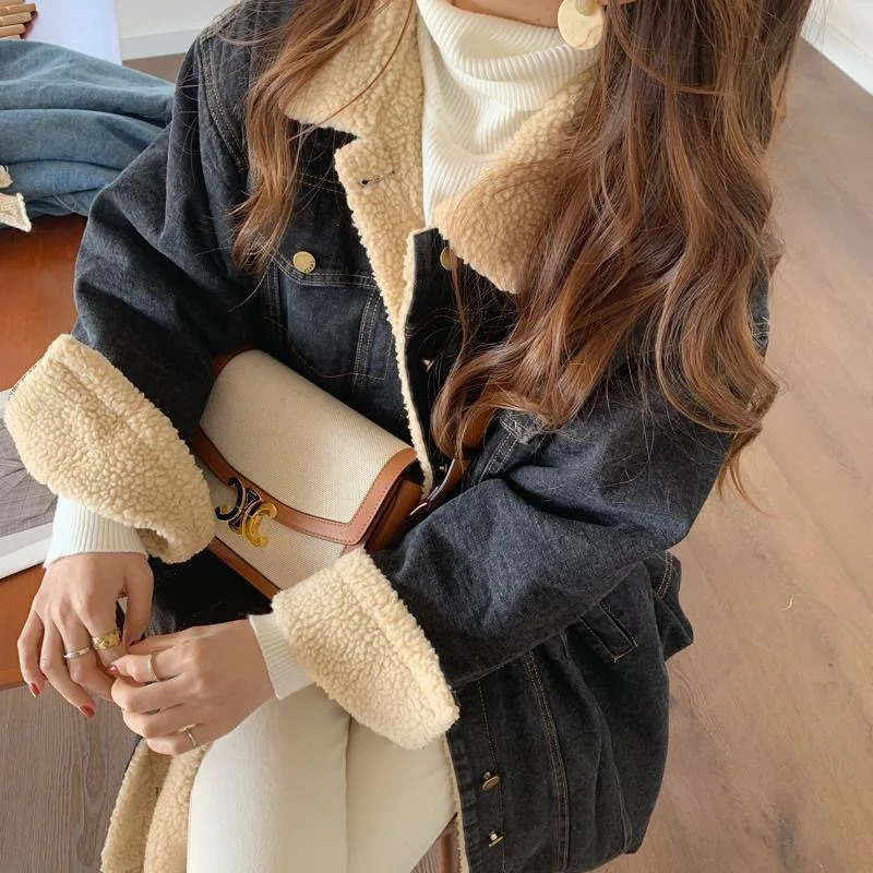 Lambwool lined medium length denim jacket autumn and winter collar retro streetwear casual Chaquetas top Korean womens Jaqueta 241211