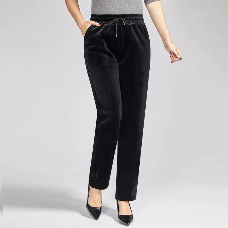 Winter womens gold velvet pants casual loose straight pants womens autumn elastic waist Trousers 5XL black W24 241205