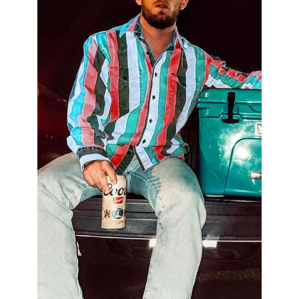 Western Style Colorful Striped European American Sleeved Men's Long Customized Foreign Trade Shirt, Trendy Clothing, Fashionable And Casual Tempe