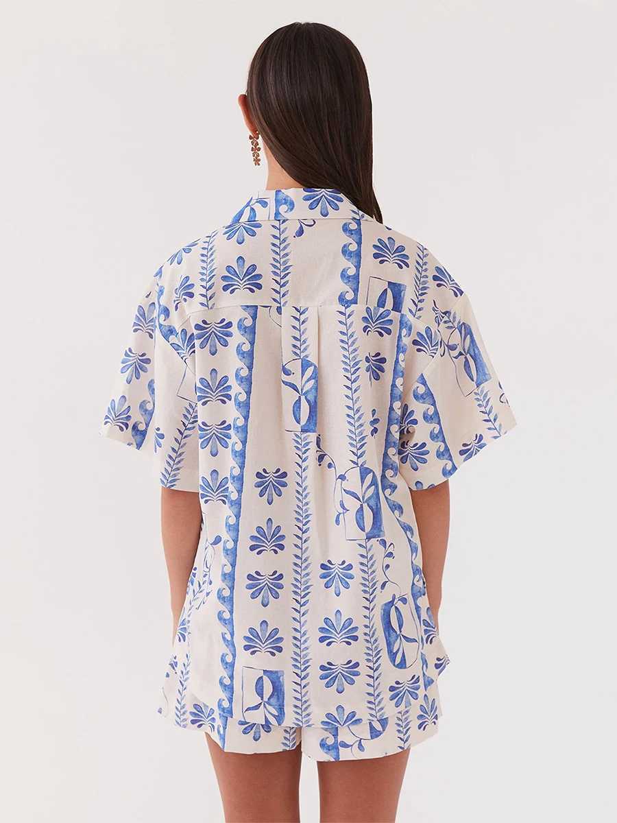Women's Two Piece Pants Printed Shirts Two Piece Pajama Set Women Short Slve Lapel Shirts High Waist Short Suit Home Wear Outfits Boho Beachwear 