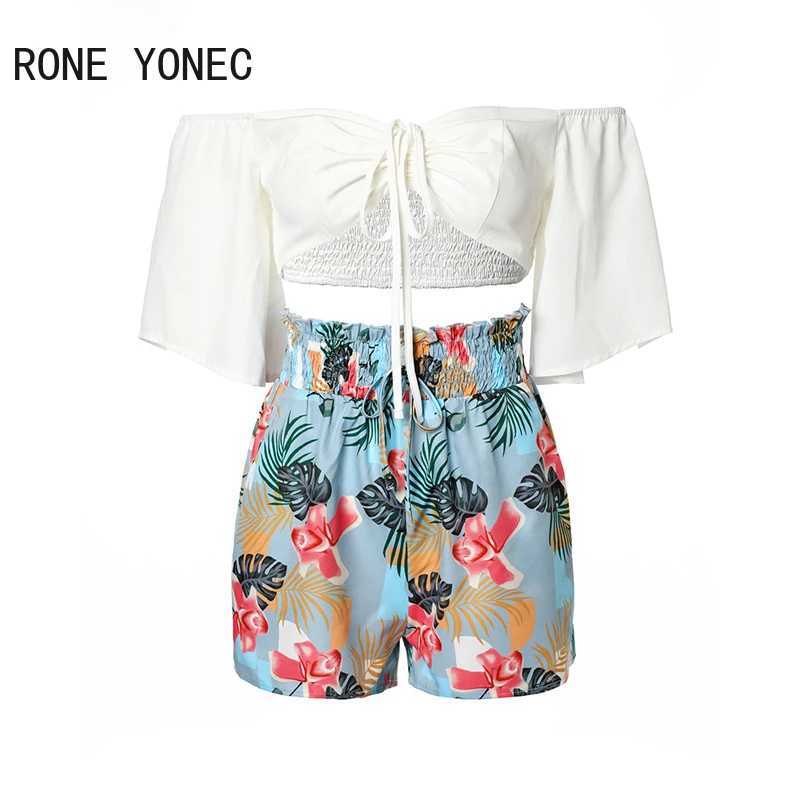 Women's Two Piece Pants Women Elegant Off Shoulder Short Slves High Elastic Waist Lace Up Solid Top All Over Print Bottoms Short Sets Y241213Z7BU