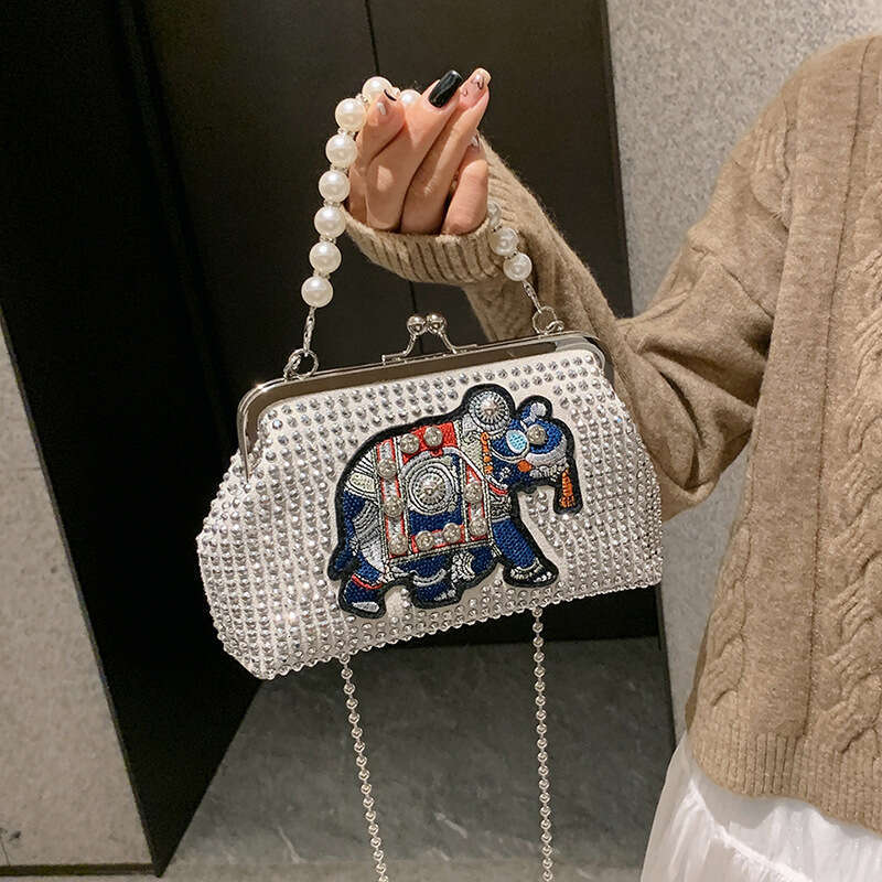 Bag, women's ethnic dia studded elephant chain, single shoulder crossbody Southeast Asian style, hand-held dinner bag, 2024 versatile new trendy 