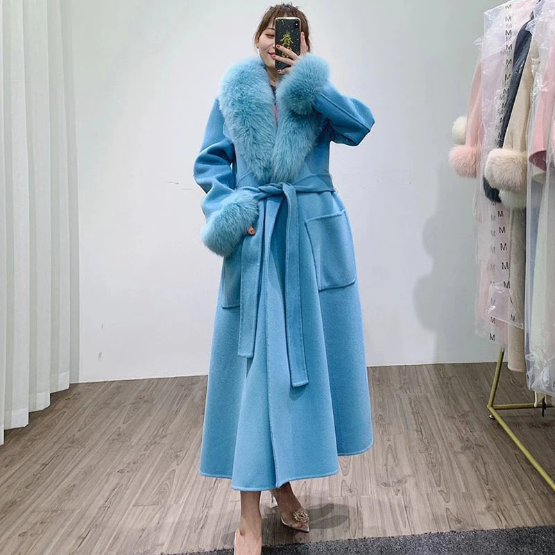 Real Fur Coat Winter Jacket Women Natural Fox Collar Cuffs Long Wool Blended Female Warm Thick Outerwear Streetwear 241213