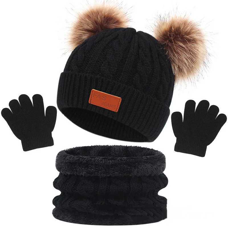 Scarves Wraps 1-5Y Autumn Winter Children Baby Knit Gloves Hat Scarf 3pcs Suit Fur Balls Outdoor Windproof Warm Kids Muffler Cap for Boy Girl H241213