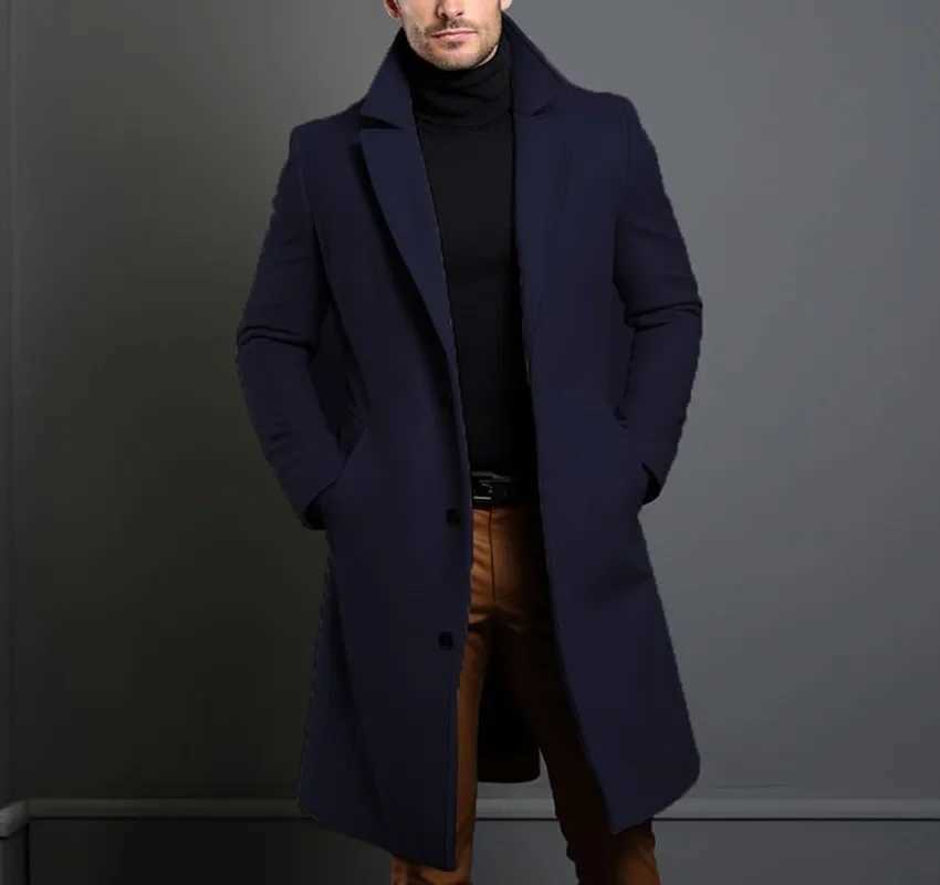 Mens Autumn Winter Long Woolen Coats Mens Business Casual Slim Solid Wool Windbreaker Jacket Street Trend Coldproof Warm OutwearXJ241212