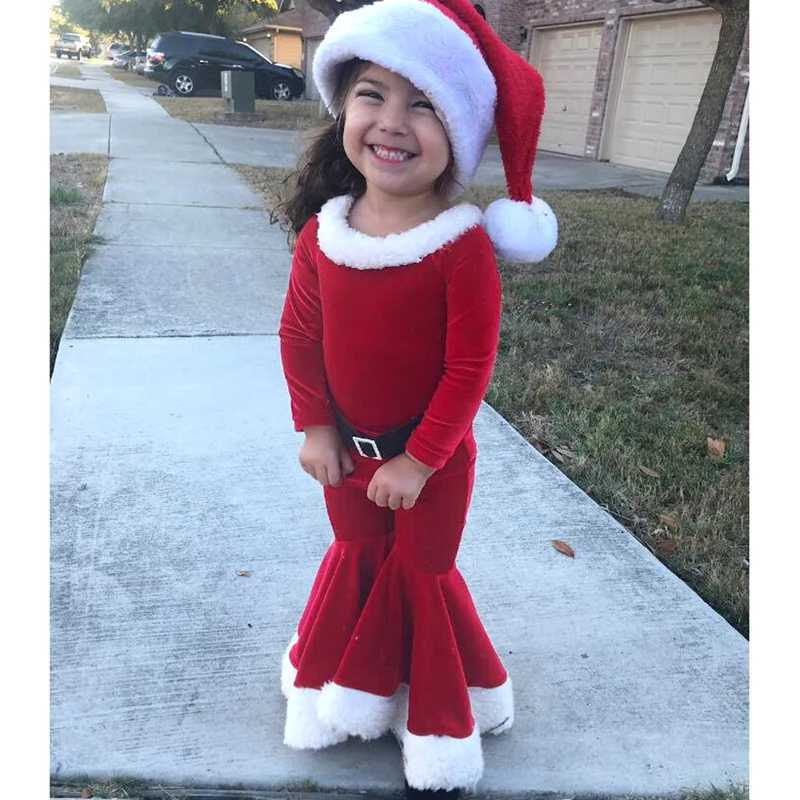 Boys and girls European and American spring autumn winter and Christmas long-sleeved tops + bell-bottom pants + three-piece hat W241213