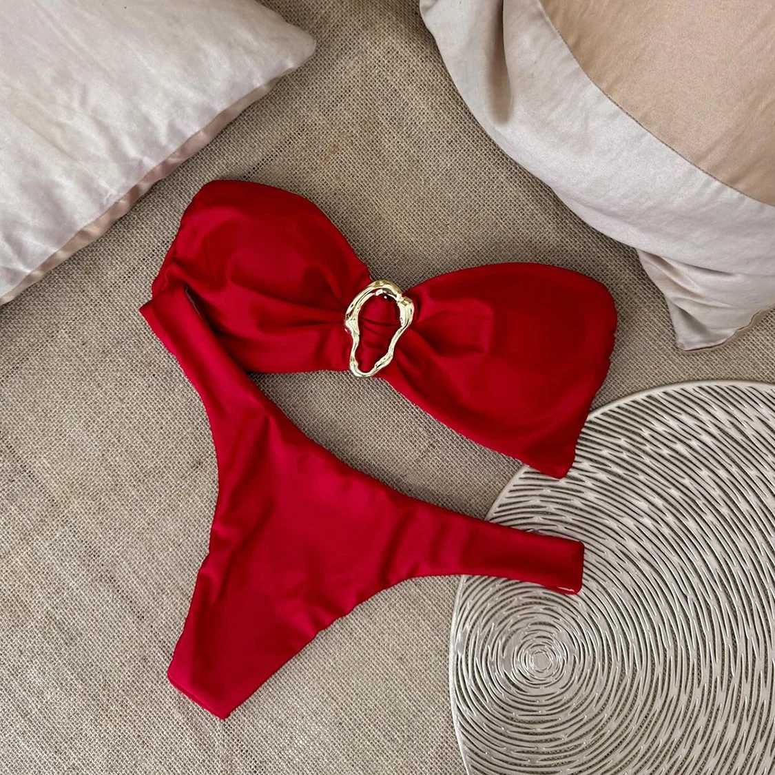 Bandeau Bikini Push Up Swimwear Women Swimsuits 2024 Sexy Brazilian Bikini Set Thong Micro Biquini Fa Solid BeachwearXJ241212