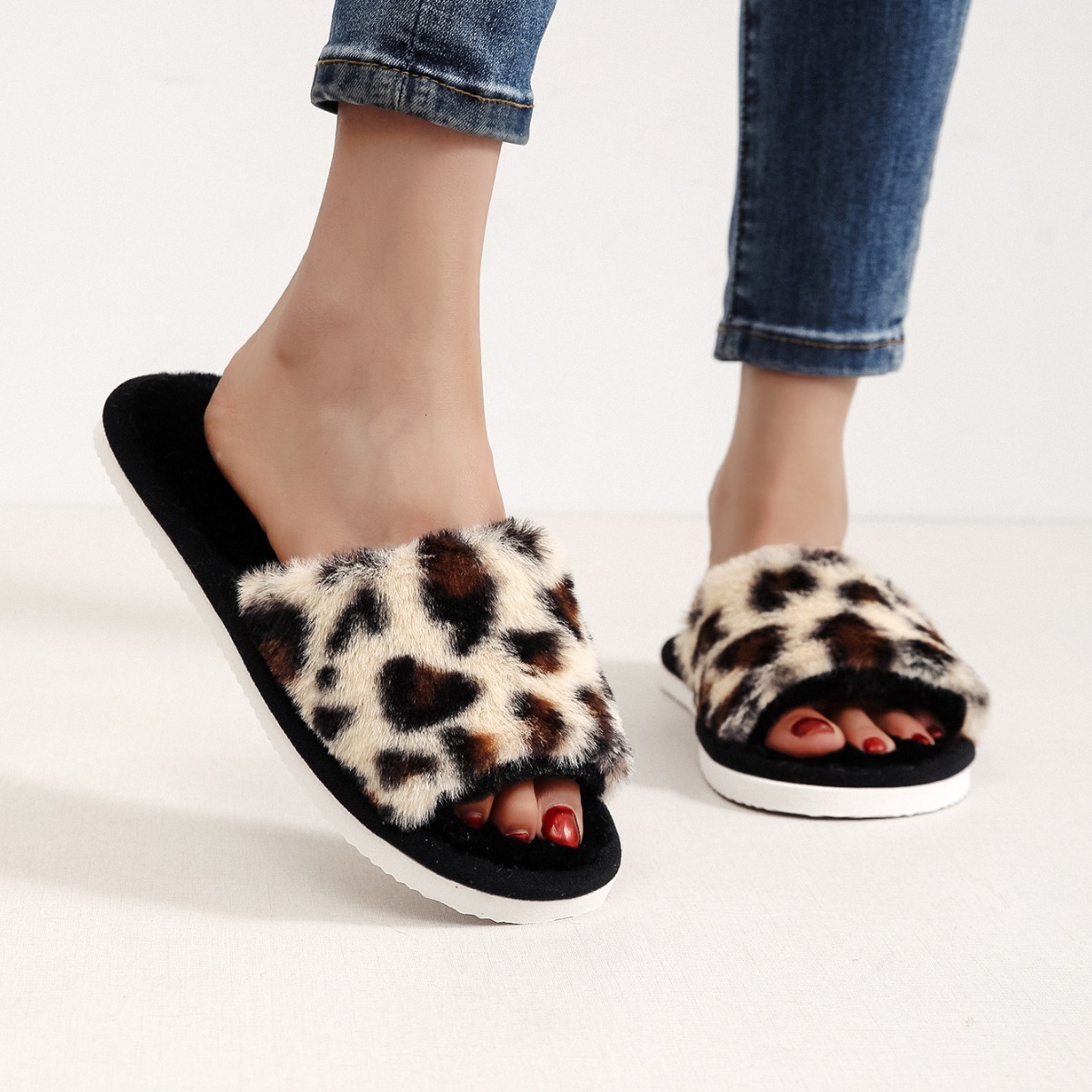 Leopard Print Fur Slippers Winter Sexy Home Shoes Living Room or Slides Indoor High Padded Warm Non-slip EVA Flip ps