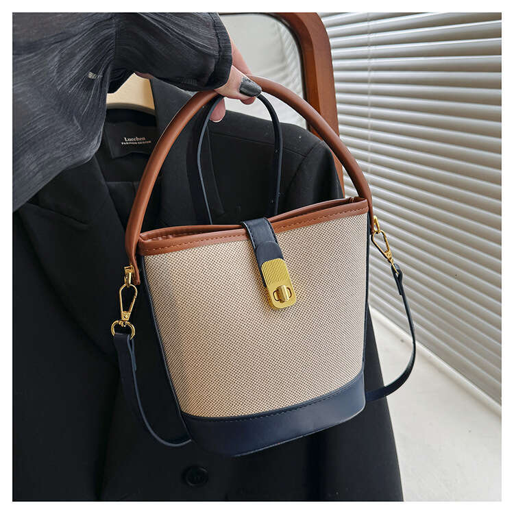 Wholesale Canvas Contrasting Splicing Hand-Held Bucket Women's Cross-Border New Single Shoulder Crossbody Bag, Fashionable Quality, Classic