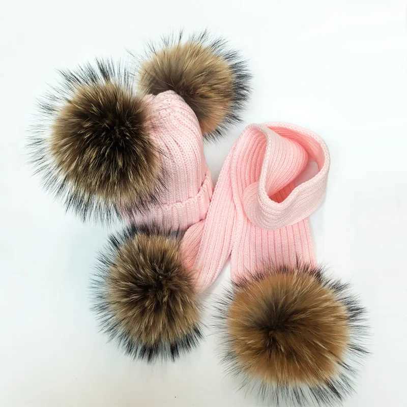 Parent-Child Winter hats Cute Baby fur Pompon Hat Scarf Sets Real Natural Fur Ball Caps Mother Kids Warm Knitted Hats Winter BeaXJ241213