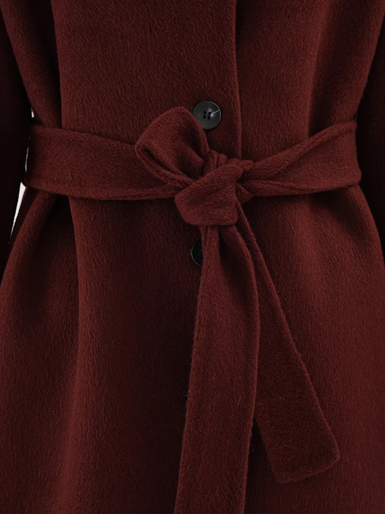 EAM Red Belted Big Size Long Thick Woolen Coat Stand Collar Sleeve Women Jacket Fashion Autumn Winter CPG 241213